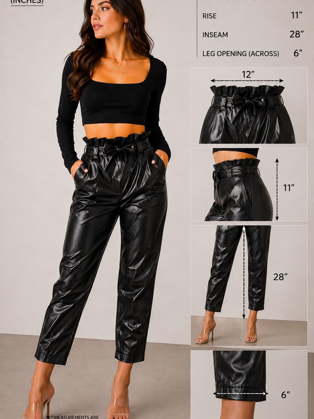Sans Souci Black High-Rise Paperbag Faux Leather Ankle Pants